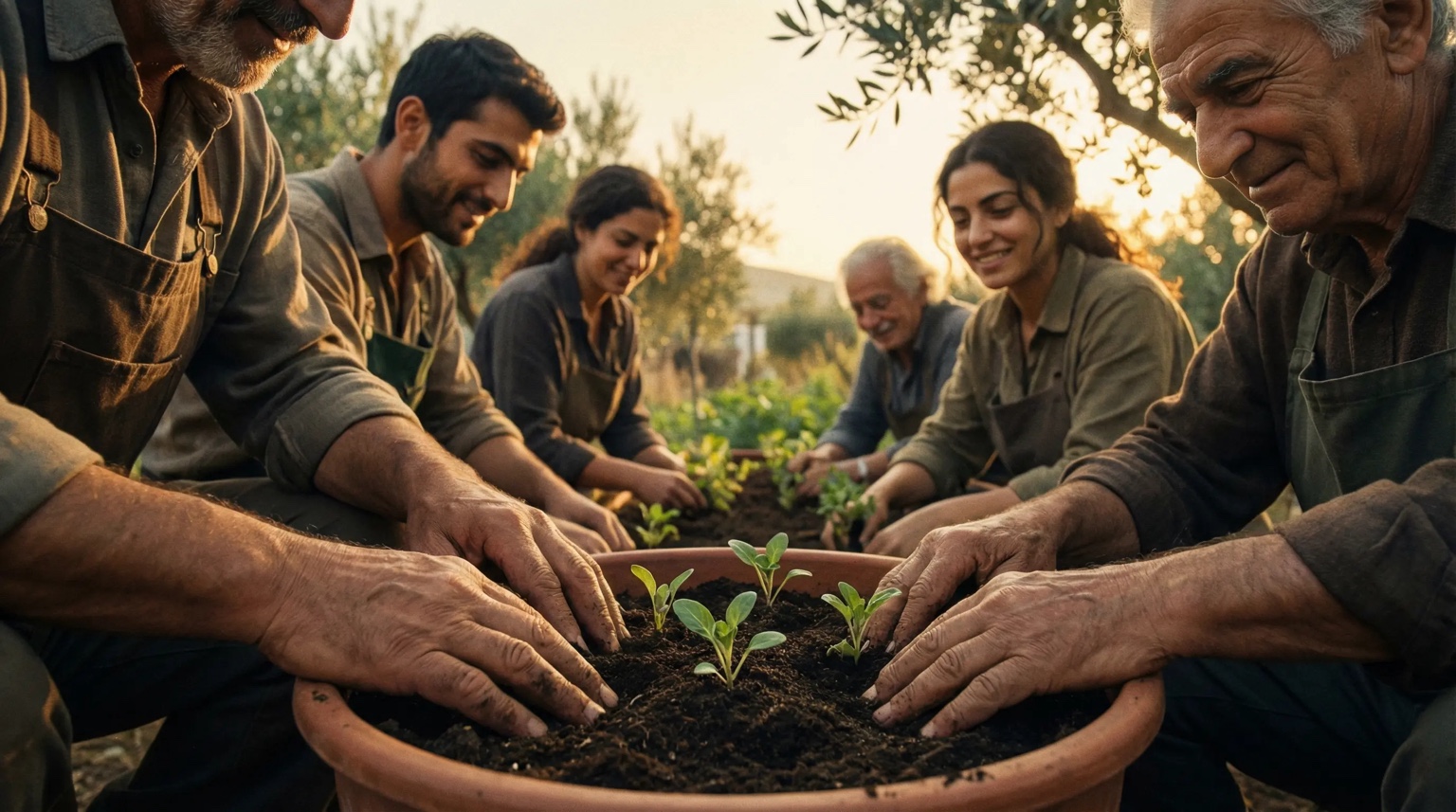 People planting seedlings together