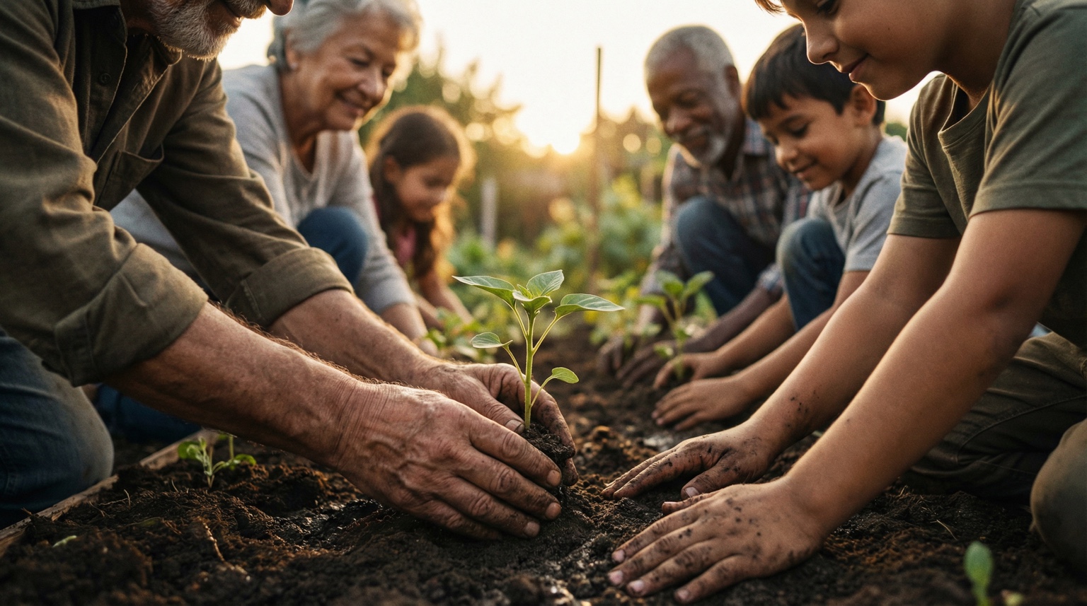 Families and generations gardening together
